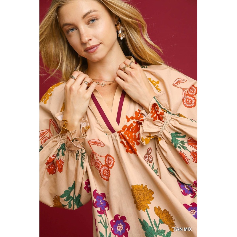 U Tan Floral Open Collar Top|Small|Medium|Large