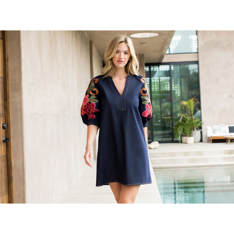 Th Embroidered Sleeve Denim Dress
