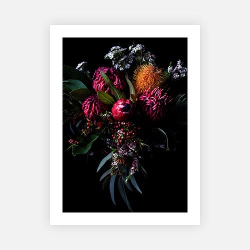 Red bouquet with eucalyptus|E – 500 x 760|F – 660 x 1000|G – 850 x 1300|Canvas|Photographic Paper|Rag Paper|None|Black|White|Scandi