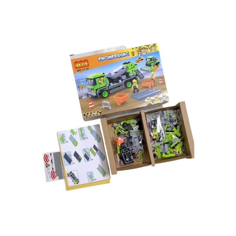 Educational plastic cubes in a construction cartoon car box