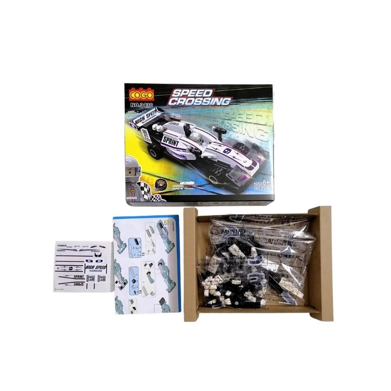 Plastic educational blocks in a racing car cartoon box