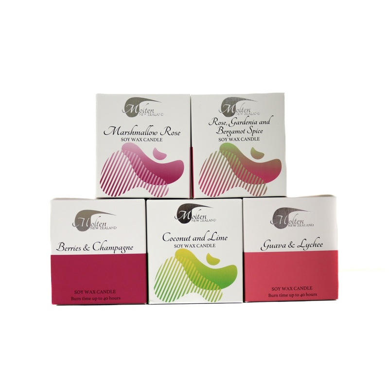 Molten Candle Range|Marshmallow Rose|Coconut & Lime|Rose gardenia & Bergamot|Guava & Lychee|Berries & Champagne
