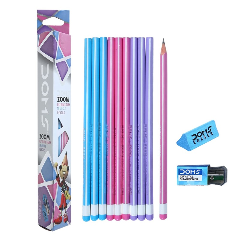 3594 DOMS Zoom Triangle Pencil with sharpner & eraser (Set of 10)