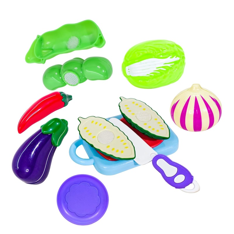 Am0229 Plastic Vegetables Cutting Toys for Kids, Sliceable Cutting Vegetables Toys with Plate, Chopping Board & Knife, Food Play Set for Kids  9 Pcs, Multicolor