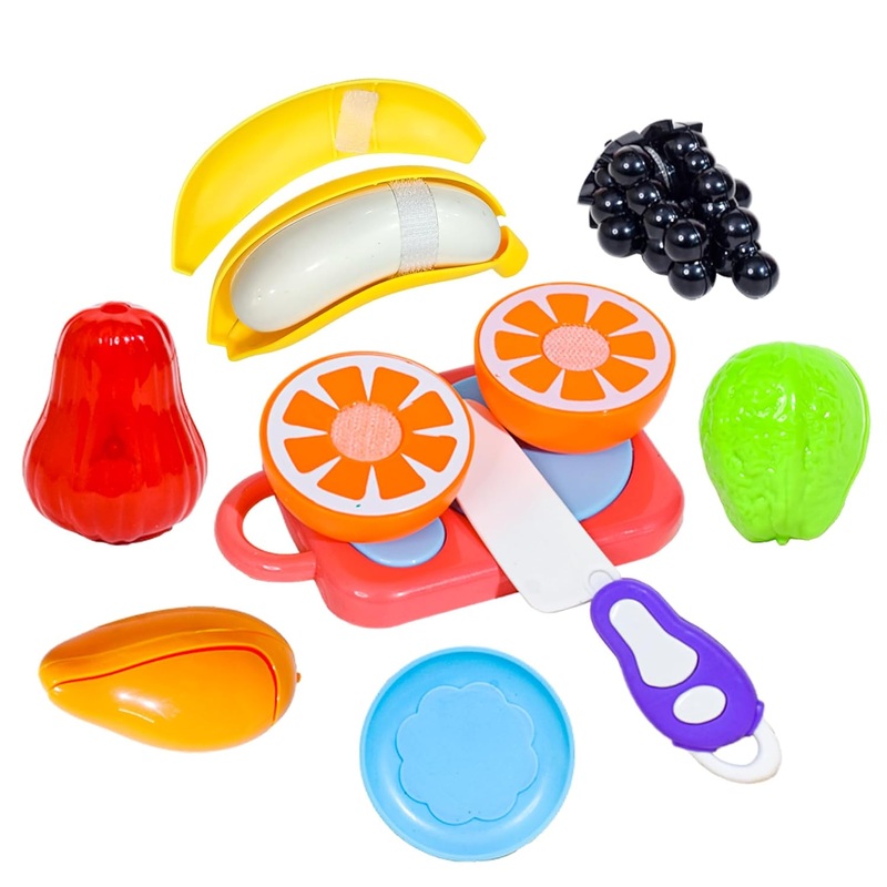 AM0230 Plastic Fruit Cut Toys for Kids, Sliceable Fruit Set with Strong Fasteners Fruits, Plate, Chopping Board & Knife, Fruits Toys Set for Kids  9 Pcs, Multicolor
