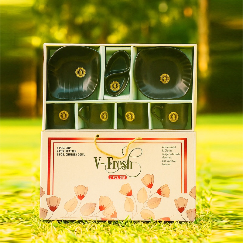 AM0313 V-Fresh 7 PCS Set, 4 PCS Cup, 2 PCS Platter, 1 PCS Chutney Bowl for Gifting and Personal USE