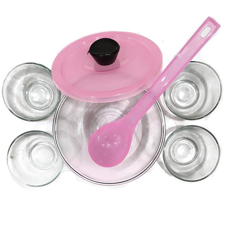 AM0314 Dine King Set 7 Pieces Glass Pudding Set (1 Big Bowl, 4 Small Bowls, 1 Medium Serving Spoon)