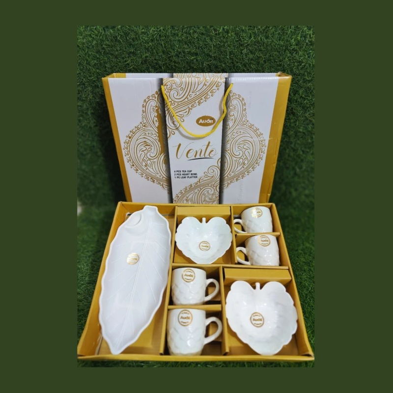 AM0316 Vento 7 Pcs Ceramic 1 Coffee Cups, 1 Leaf Snack Platter & 2 Bowls Gift Set