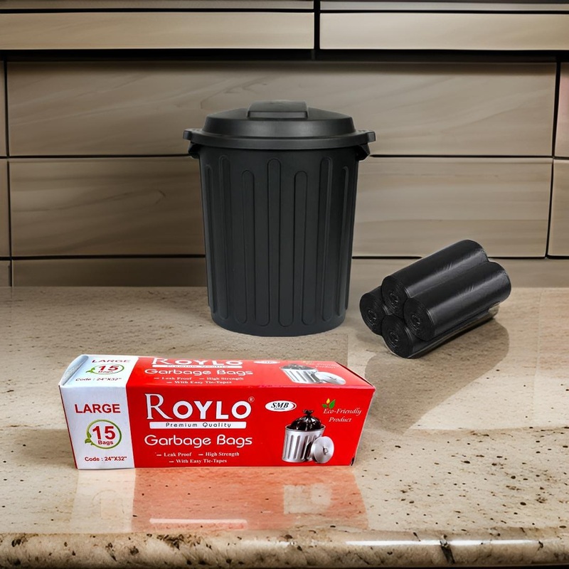 3871 Roylo Black Garbage Bags  15 Pcs x Pack of 1 Rolls 24 x 32 Inch | Dustbin Bags/Trash Bags/Dustbin Covers for Wet and Dry Waste