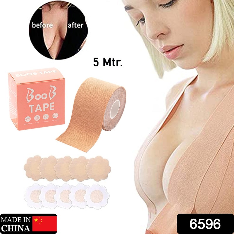 6596 Boob Tape with 10 Pairs Nipple Cover Cotton Wide Thin Breast Tape – Women’s & Girl’s Breast Lift Booby Tape – Push Up & Lifting Tape – Suitable for All Breast Types – Breast Lift Bra Tape – Bob Tape for Natural Breast Lift (1 Pc 5 Meters)