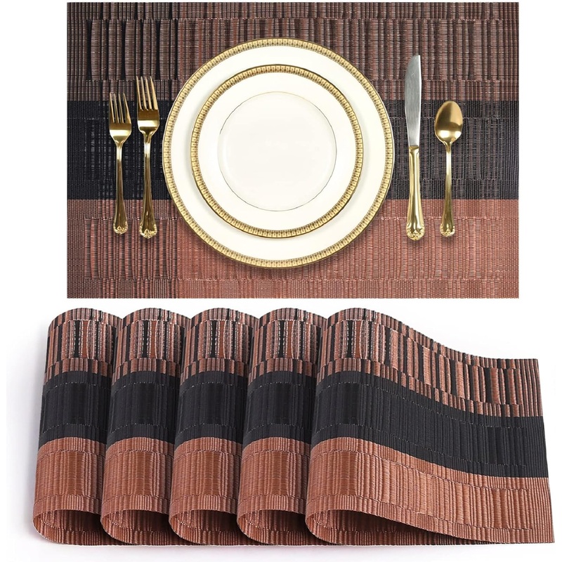 3184 4PCS Mats Non-Slip Heat Resistant Place Mats for Kitchen Dining Table (45 x 30 cm), Brown Black