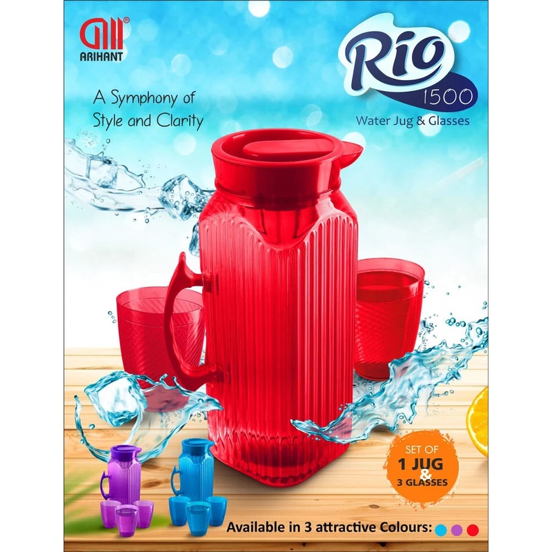 3047 Water Roi Pet Jug set of 1 jug & 3 glasses (Multi-colour)-1.5 ltr