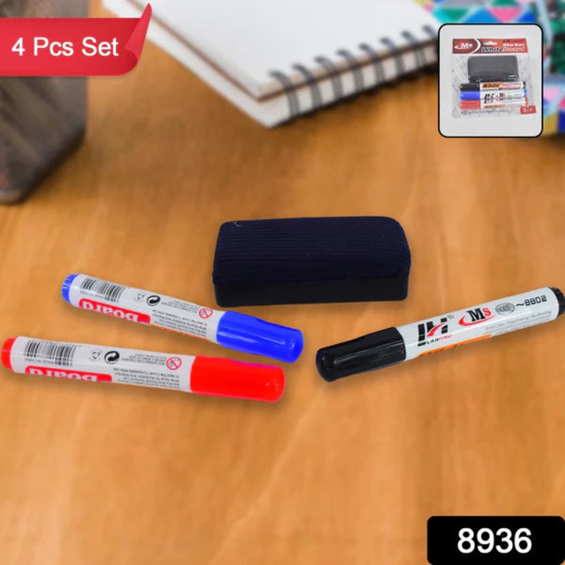 8936 Whiteboard Marker Set (Blue, Black, Red) with Board Duster – Pack of 4
