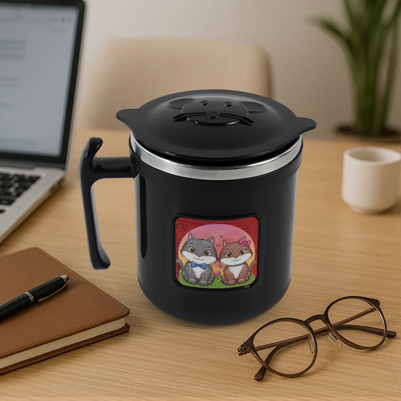 11521 1 Pc Apex Cat Mug  250 ml Stainless Steel Insulated Inner with Cute Cat Print