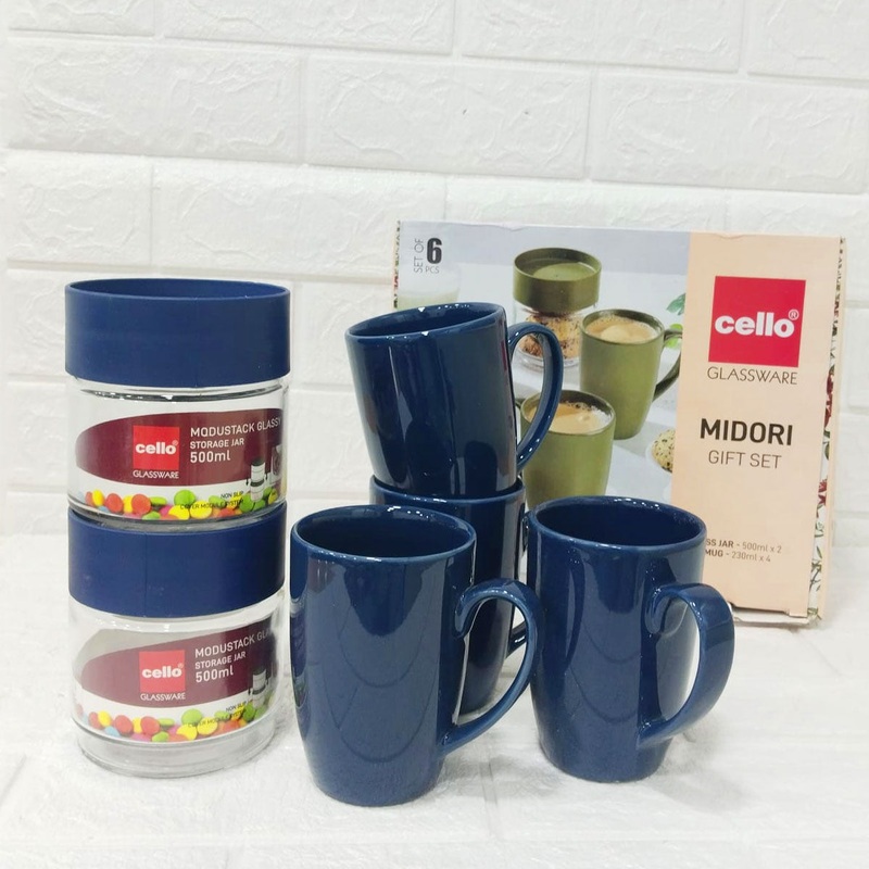 Di0247 Cello Midori Gift Set – 6-Piece Combo with 4 Ceramic Coffee Mugs (230ml) & 2 Glass Storage Jars (500ml)