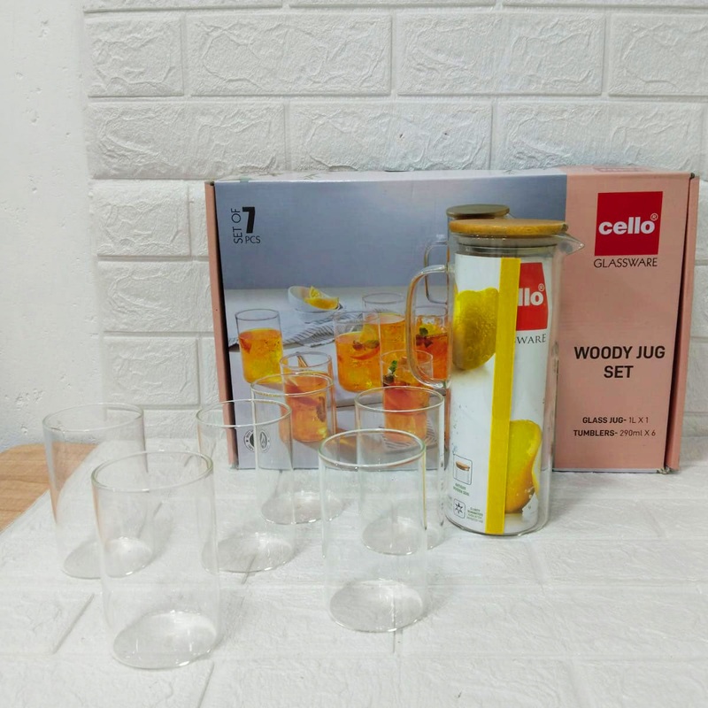 Di0248 Cello Woody Glass Jug Set, 7-Piece – 1L Jug with 6 Tumblers