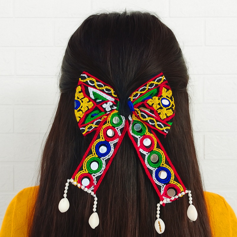 Di0311 Traditional Navratri Kodi Bow Clip  Traditional Mirror Work Hair Accessory for Garba