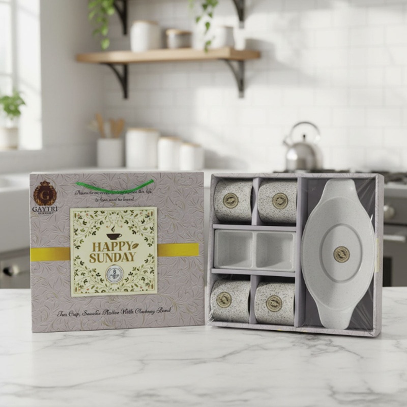 Di0253 Happy Sunday 6-Piece Tea Cup & Snacks Platter Set with Chutney Bowl  Gift Pack