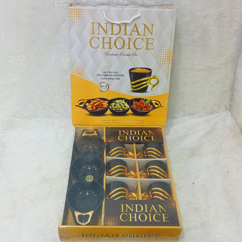 Di0342 Indian Choice 7-Piece Black & Gold Tea & Snack Set
