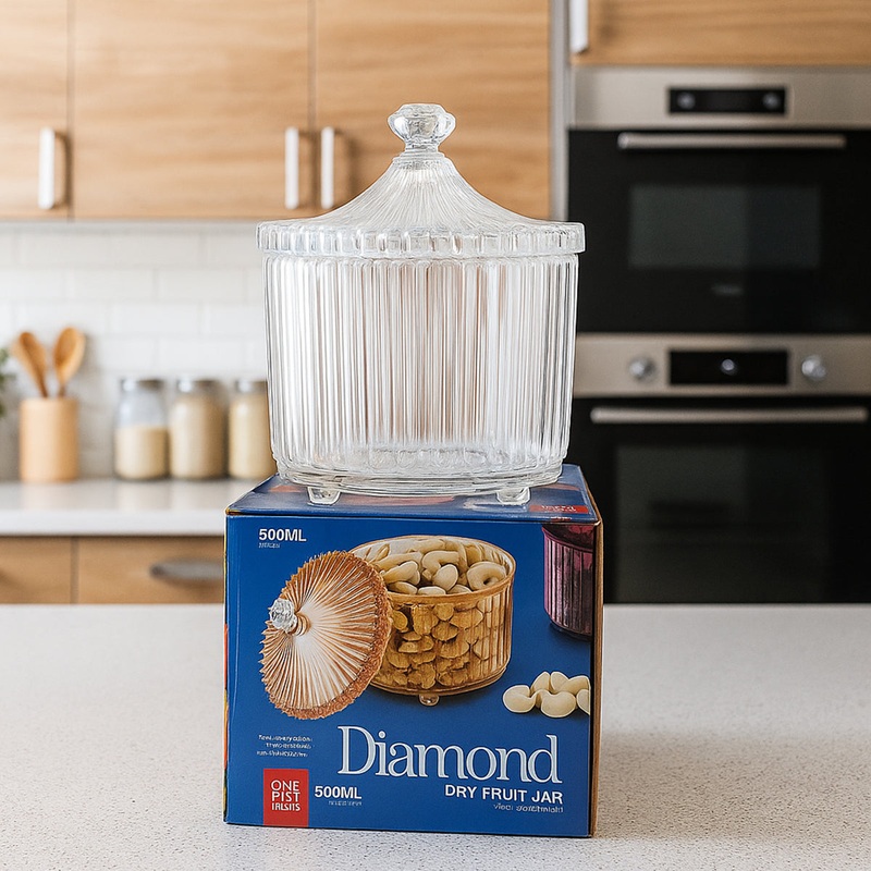 Di0360 Diamond Dry Fruit Transparent 1pc Jar with Lids – 500ml (Mix Colour)