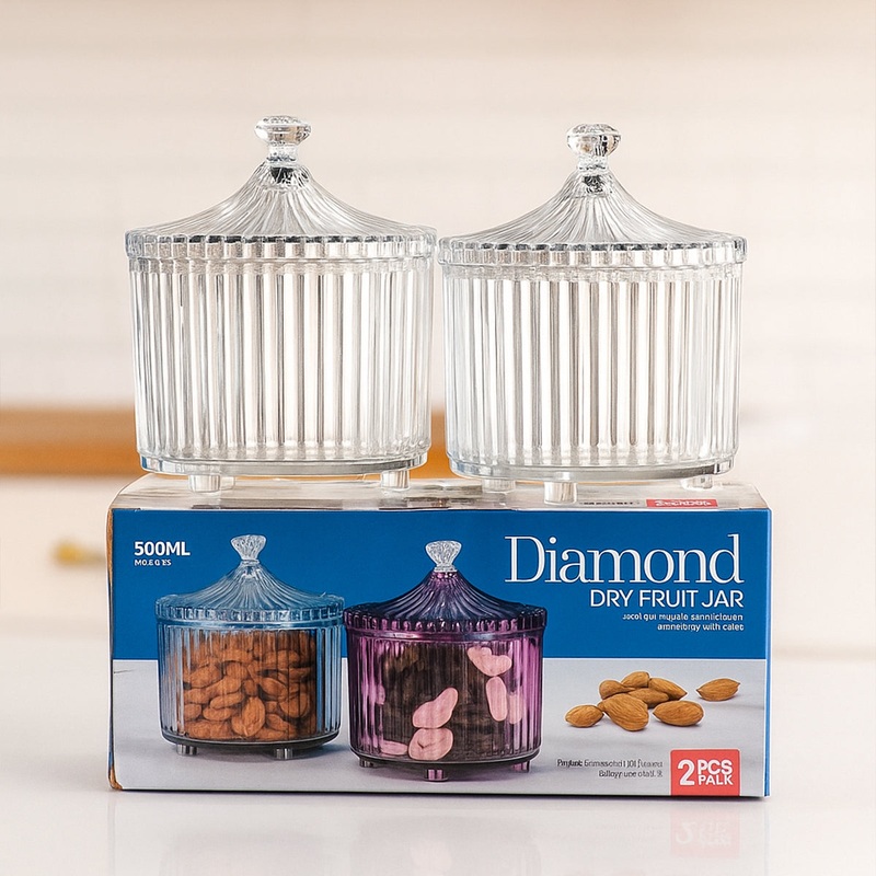 Di0361 Diamond Dry Fruit Transparent 2pc Jar with Lids – 500ml (Mix Colour)