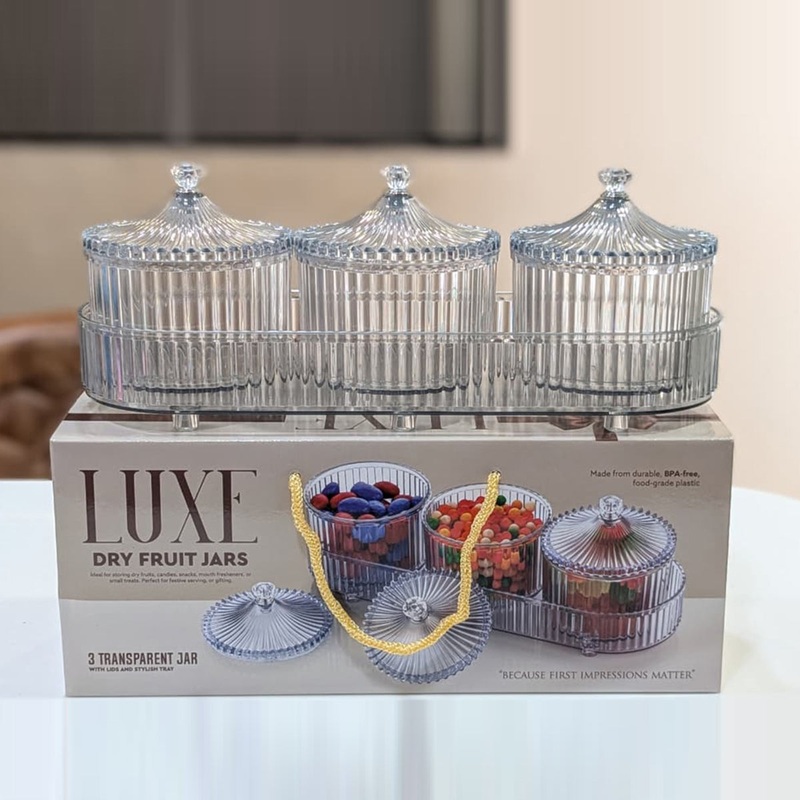 Di0362 LUXE Dry Fruit Transparent 3pc Jar with Lids & Stylish Tray (Mix Colour)